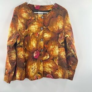 Chico's sz 2 12 L Jacket Brown Pink Floral Watercolor Embellished Button Front